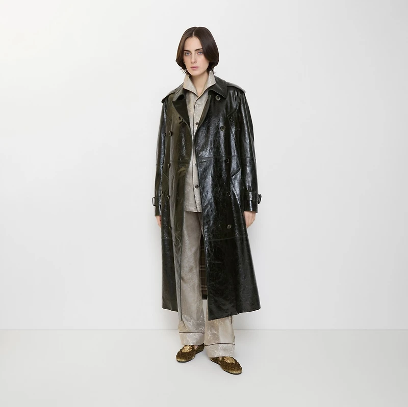 Long Embossed Leather Trench Coat in Moat green - Women | Burberry® Official