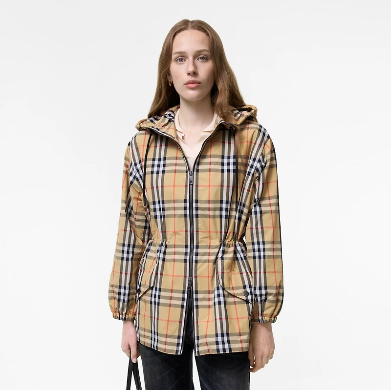 Check Nylon Hooded Jacket in Sand beige - Women | Burberry® Official