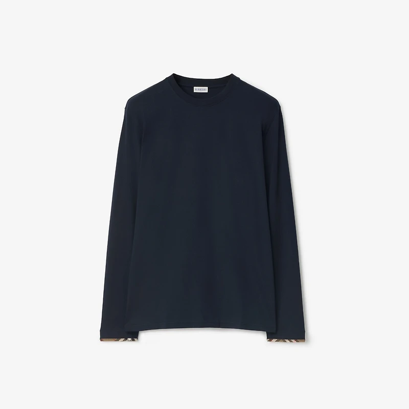 Long-sleeve Check Trim Cotton Top in Navy black - Men | Burberry® Official