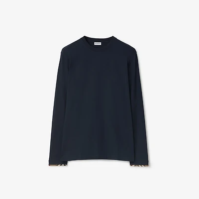 Long-sleeve Check Trim Cotton Top in Navy black - Men | Burberry® Official