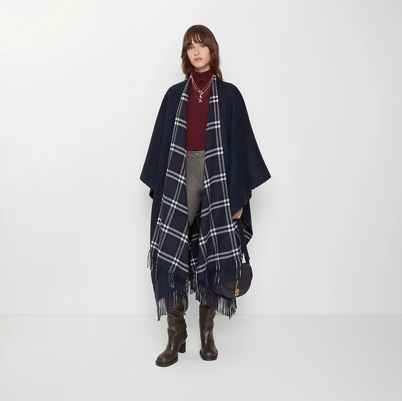 Reversible Check Wool Cashmere Cape in Ink blue | Burberry® Official