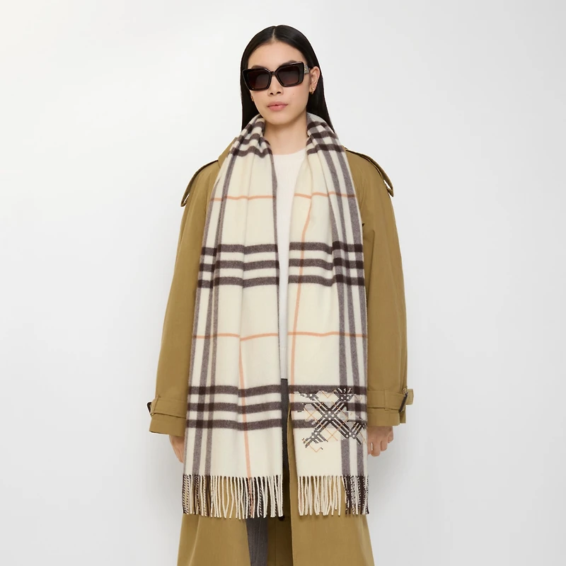 Wide Cross Stitch EKD Check Cashmere Scarf in Pebble white | Burberry® Official