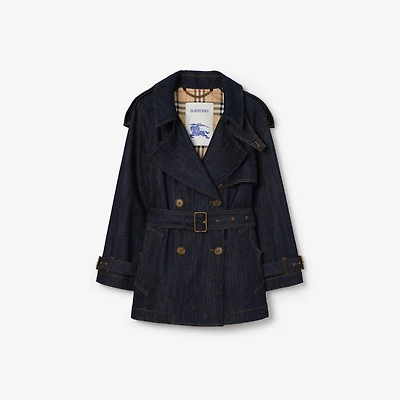 Short Denim Fitzrovia Trench Coat in Dark indigo - Women, Cotton | Burberry® Official