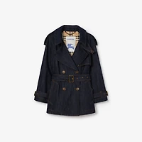 Short Denim Fitzrovia Trench Coat in Dark indigo - Women, Cotton | Burberry® Official