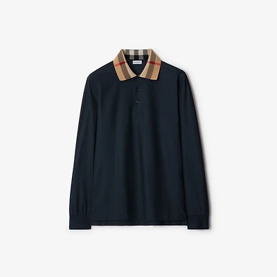 Long-sleeve Check Collar Cotton Polo Shirt in Smoked navy - Men | Burberry® Official