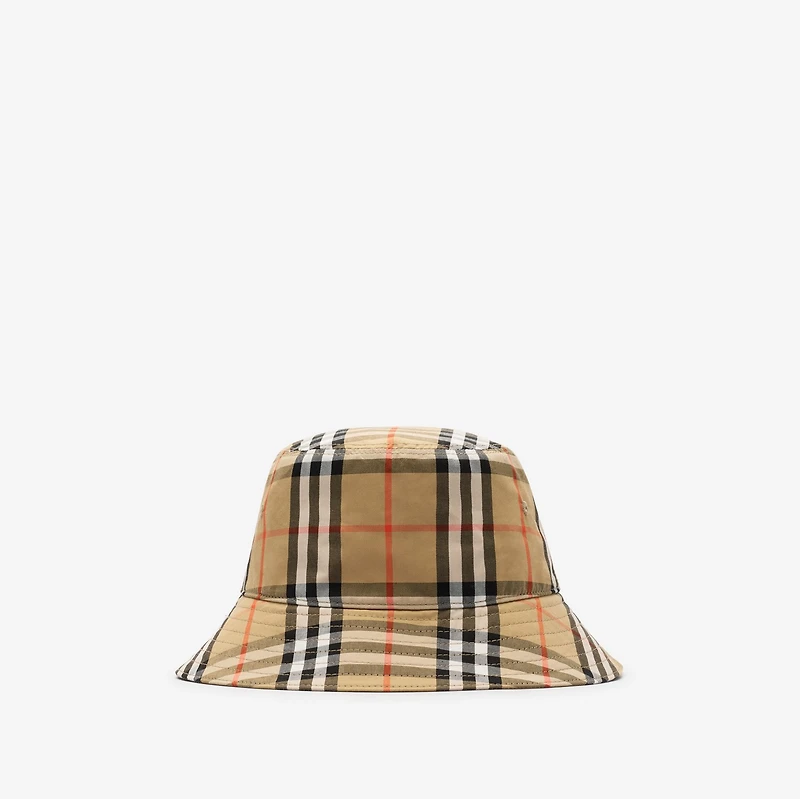 Check Cotton Bucket Hat in Sand beige