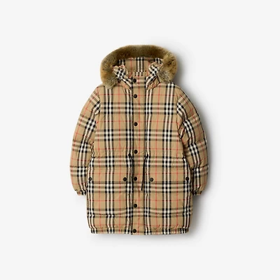 Faux Fur Trim Check Nylon Puffer Coat in Sand beige | Burberry® Official