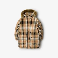 Faux Fur Trim Check Nylon Puffer Coat in Sand beige | Burberry® Official