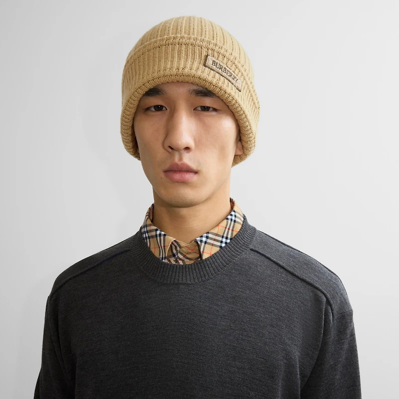 Logo Wool Beanie in Sand - Men | Burberry® Official