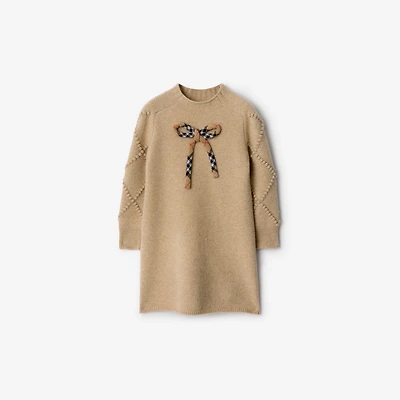 Check Bow Wool Cashmere Dress in Oatmeal melange | Burberry® Official