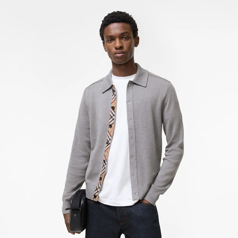 Check Trim Wool Cardigan in Grey - Men | Burberry® Official