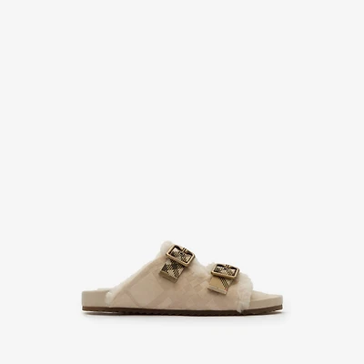 Check Shearling Urchin Sandals in Blonde beige - Women | Burberry® Official