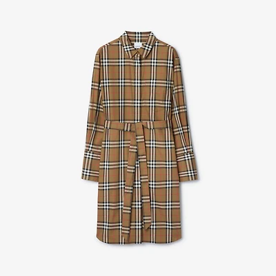 Check Stretch Cotton Shirt Dress in Taupe brown - Women | Burberry® Official
