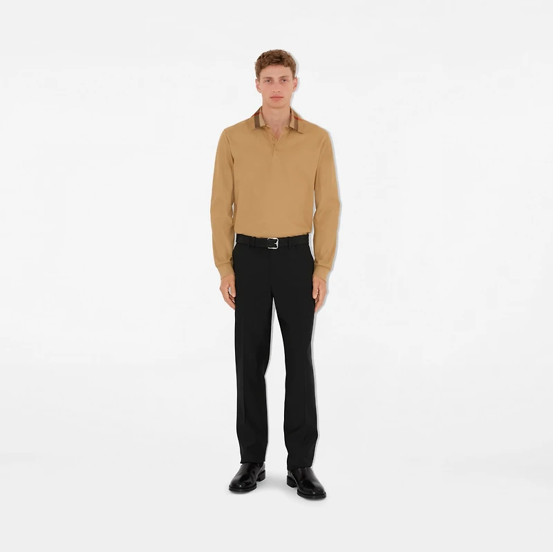 Long-sleeve Check Collar Cotton Polo Shirt in Archive beige - Men | Burberry® Official