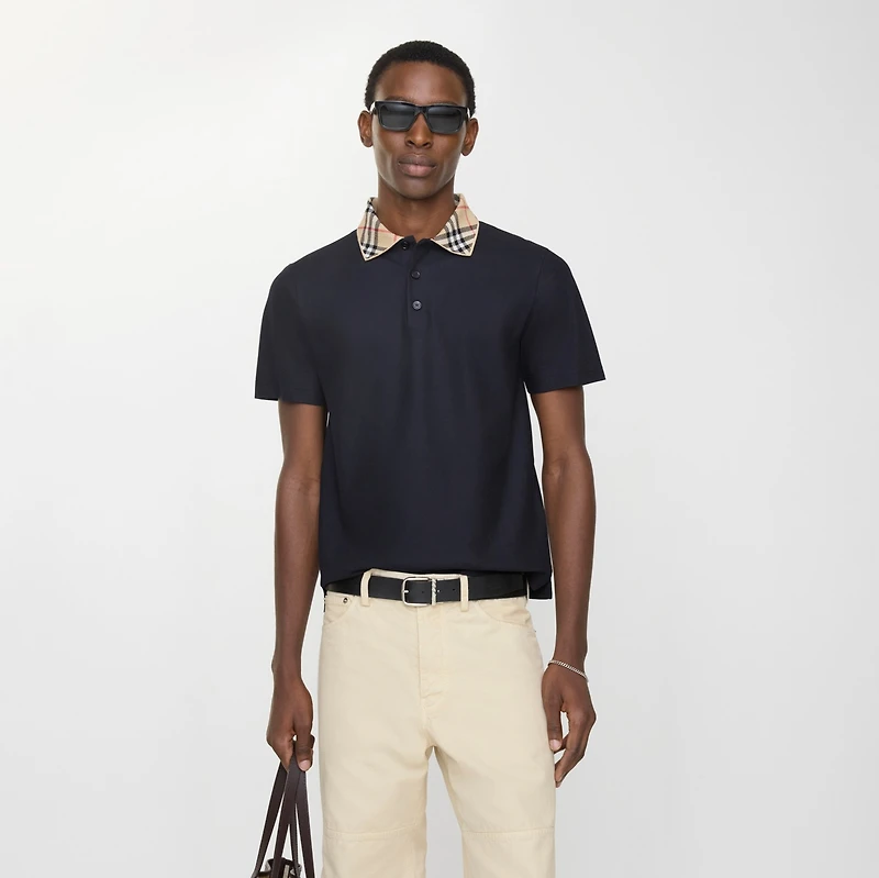 Check Collar Cotton Polo Shirt in Navy - Men | Burberry® Official