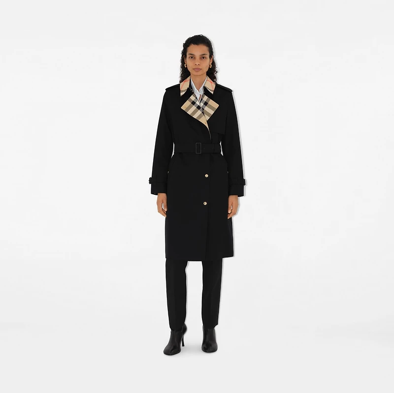 Long Check Collar Gabardine Trench Coat in Black - Women, Cotton Gabardine | Burberry® Official