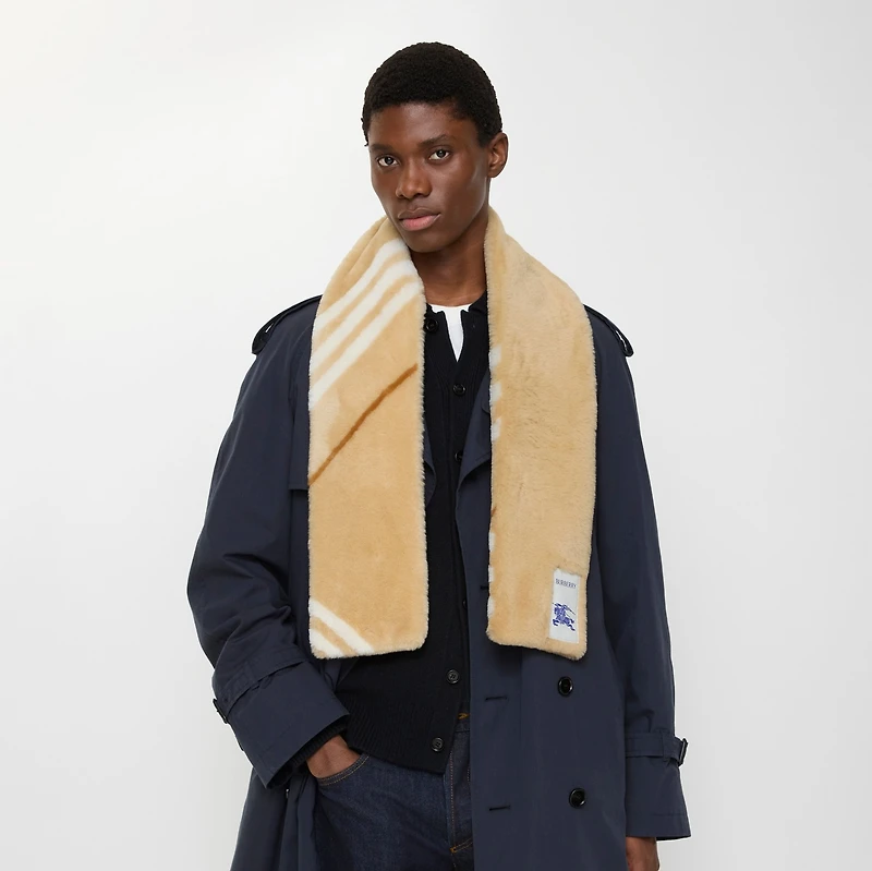 Narrow Check Shearling Scarf in Finch beige | Burberry® Official