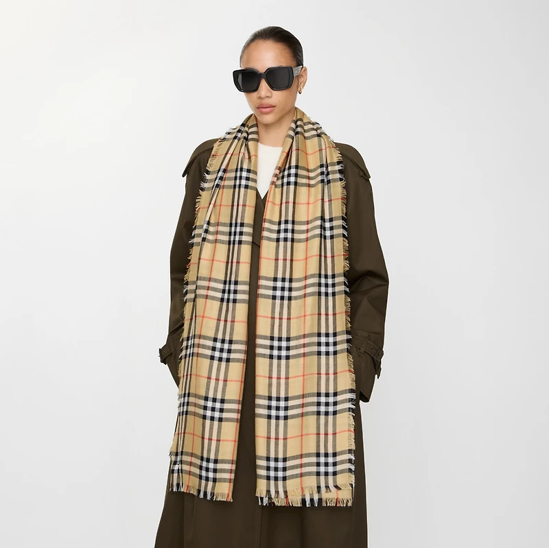 Check Cashmere Silk Scarf in Sand beige | Burberry® Official