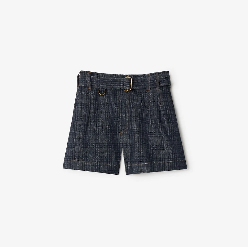 Belted Check Denim Shorts in Indigo - Women, Cotton | Burberry® Official