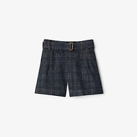 Belted Check Denim Shorts in Indigo - Women, Cotton | Burberry® Official