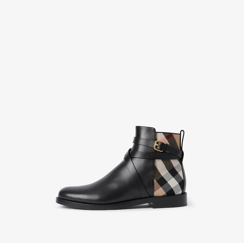 Check and Leather Boots in Black/archive beige - Women | Burberry® Official