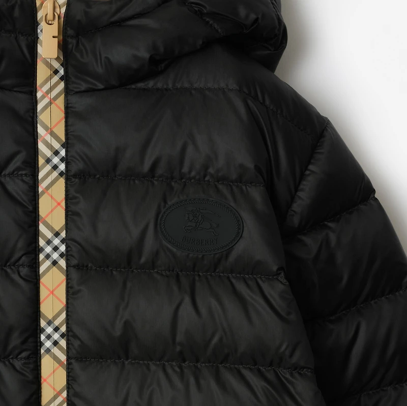Checker-tape Nylon Hooded Puffer Jacket in Black | Burberry® Official