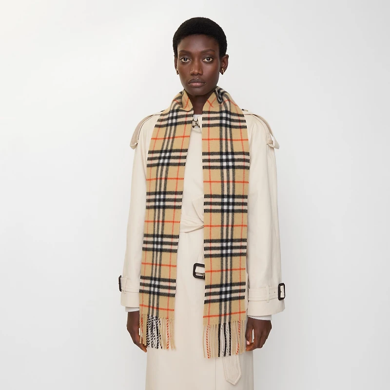 Narrow Check Cashmere Scarf in Sand beige | Burberry® Official