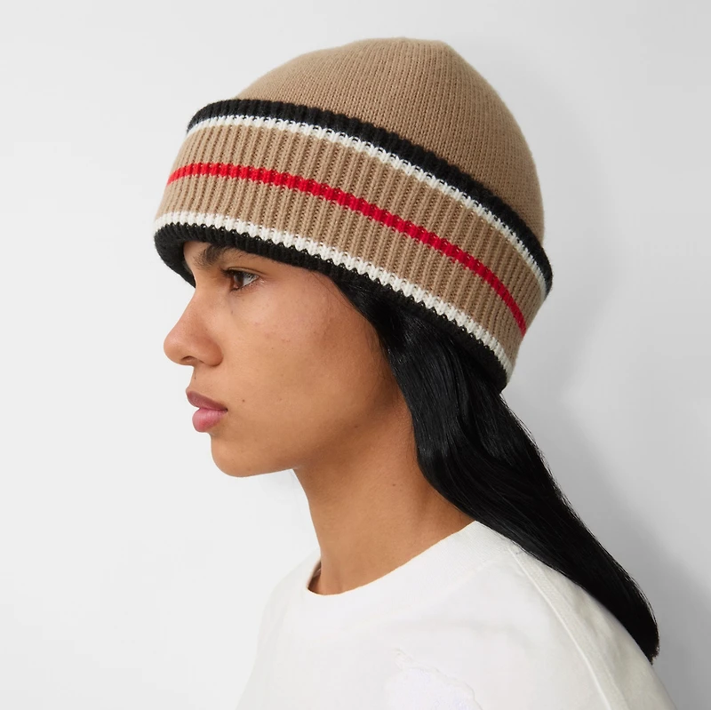 Reversible Icon Stripe Cashmere Cotton Beanie in Black/camel - Women | Burberry® Official