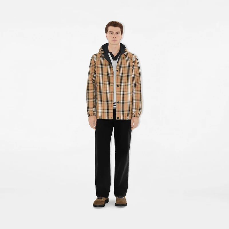Reversible Check Nylon Hooded Jacket in Archive beige - Men | Burberry® Official