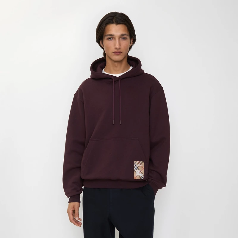 Check Label Cotton Hoodie in Wine red - Men | Burberry® Official