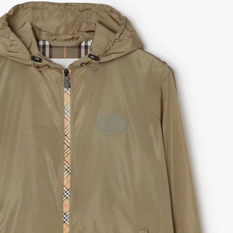 Check Trim Nylon Hooded Jacket in FINCH BROWN - Men | Burberry® Official