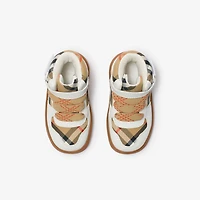 Check and Leather High-top Sneakers in Sand