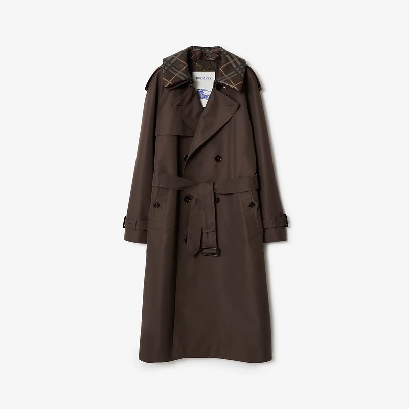 Long Check Collar Silk Cotton Trench Coat in Shade brown - Men | Burberry® Official