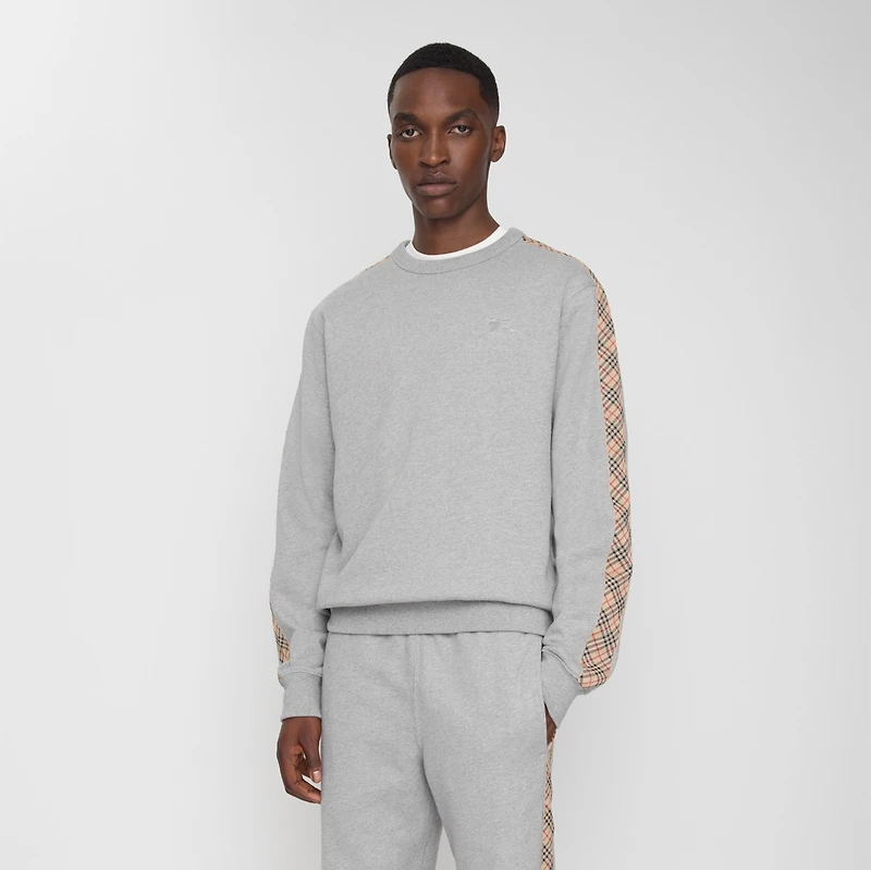Check Trim Cotton Sweatshirt in Pale grey melange - Men | Burberry® Official
