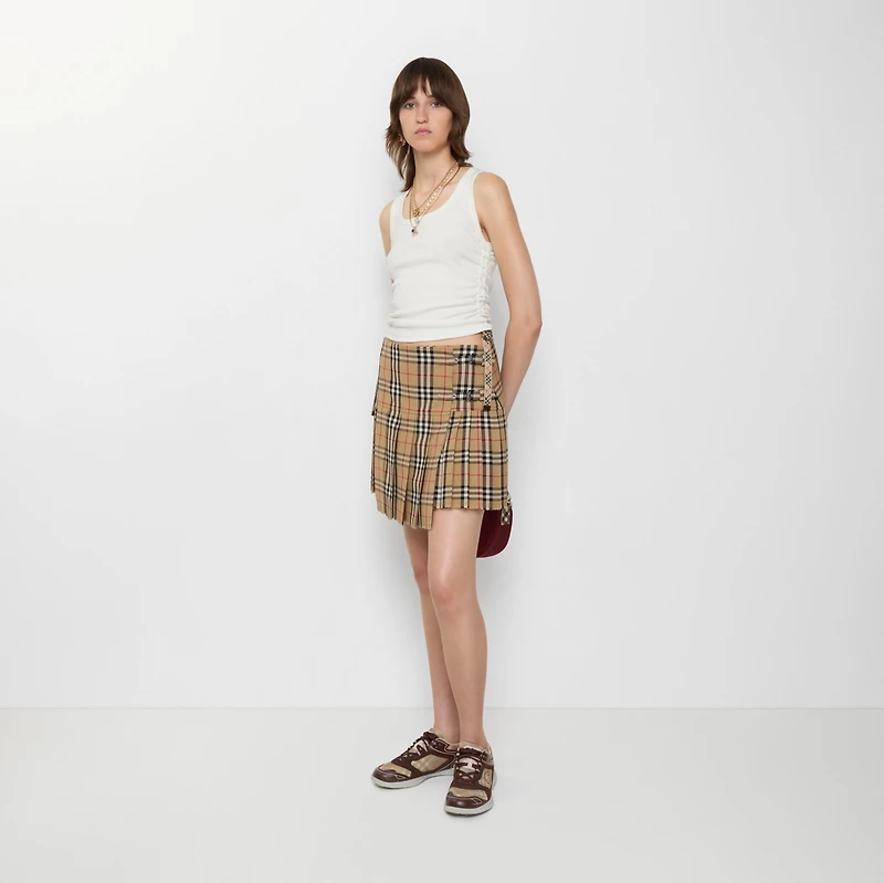 Pleated Check Wool Mini Kilt in Archive beige - Women | Burberry® Official