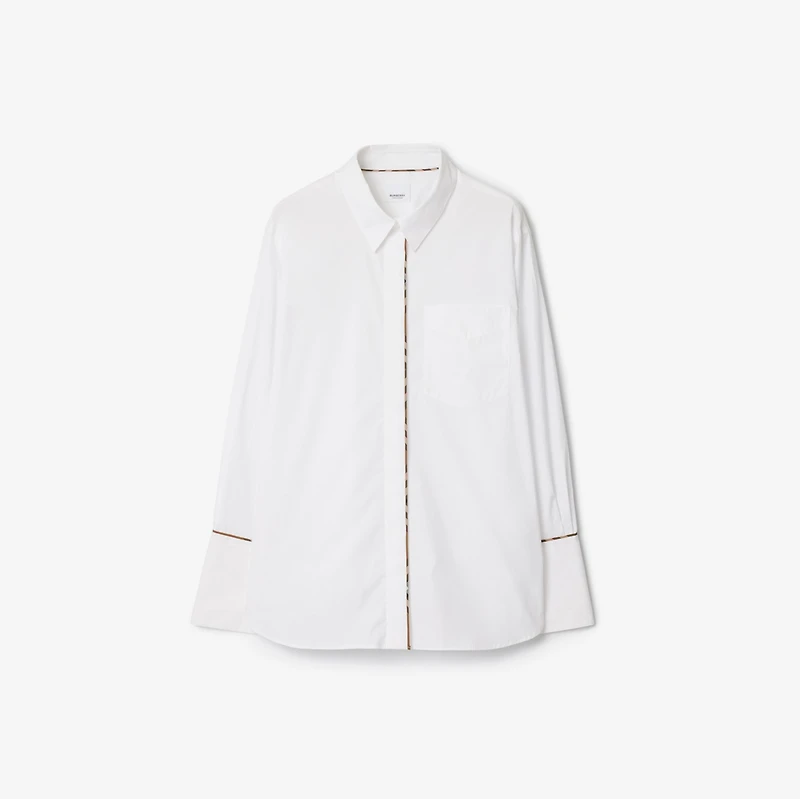 Check Trim Stretch Cotton Shirt in Optic white - Women | Burberry® Official