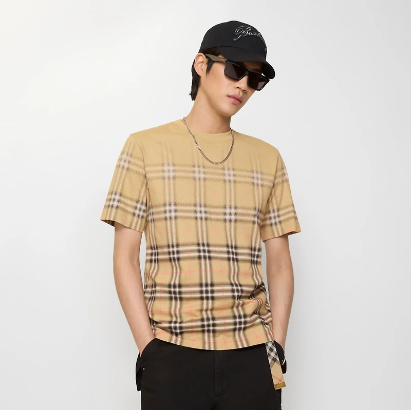 Gradient Check Cotton T-shirt in Sand beige - Men | Burberry® Official