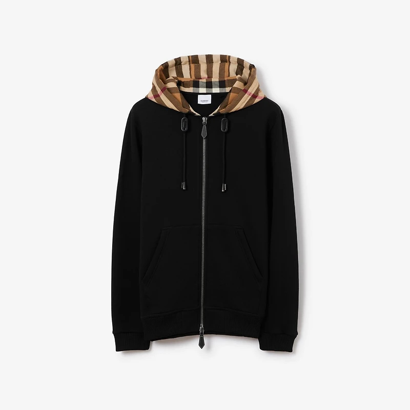 Check Hood Cotton Blend Zip Hoodie in Black/birch brown - Men | Burberry® Official