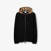 Check Hood Cotton Blend Zip Hoodie in Black/birch brown - Men | Burberry® Official