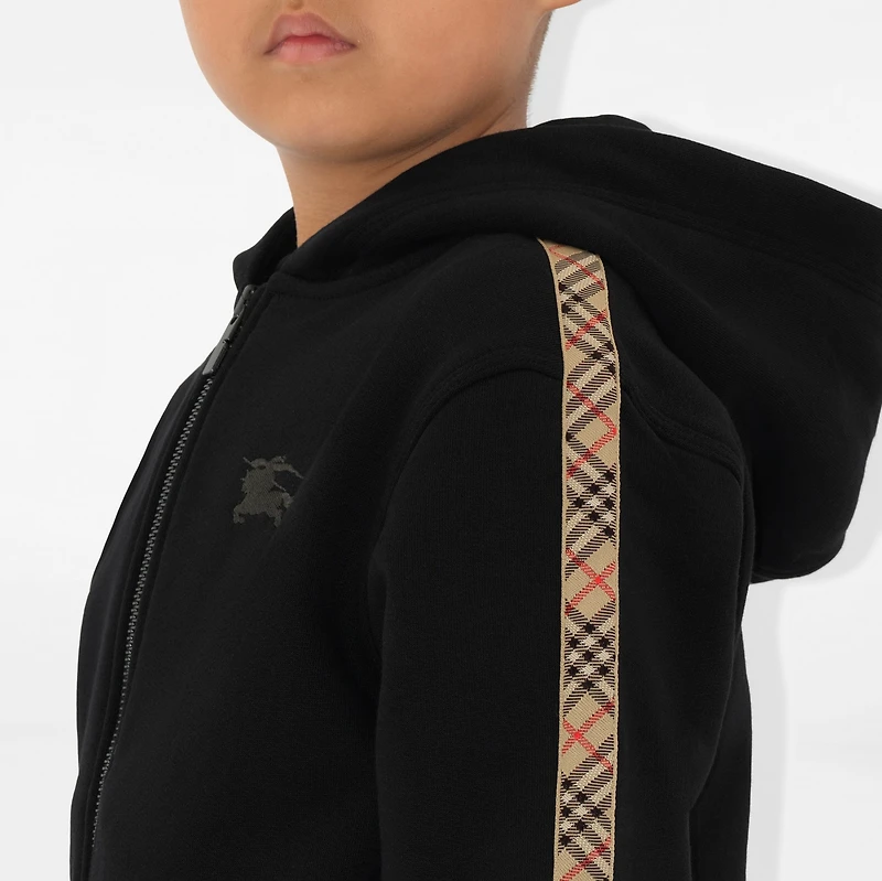 Check Trim Cotton Zip Hoodie in Black | Burberry® Official