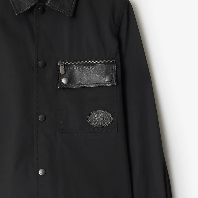 Leather Trim Nylon Cotton Overshirt in Black - Men | Burberry® Official