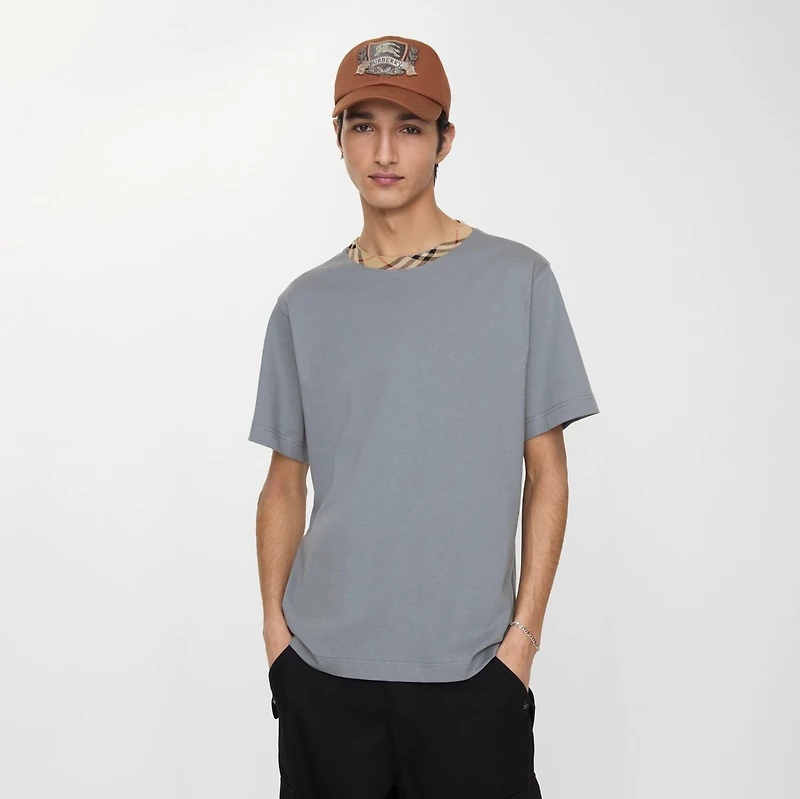 Check Trim Cotton T-shirt in Forecast grey - Men | Burberry® Official