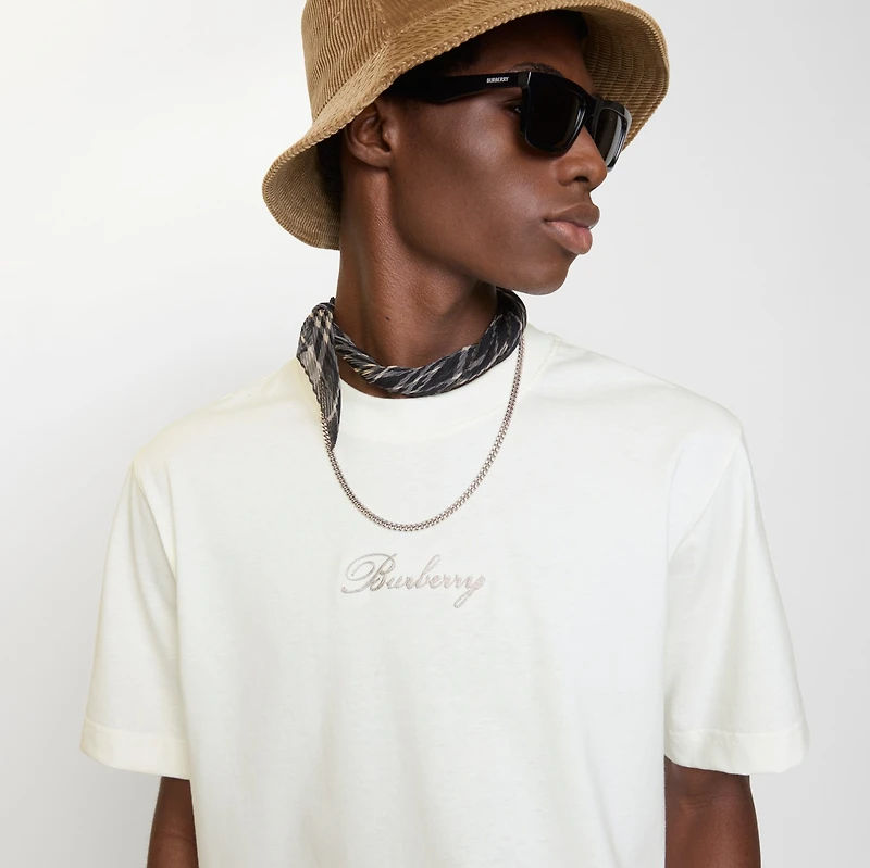 Check Cursive Logo Cotton T-shirt in Chalk white - Men | Burberry® Official