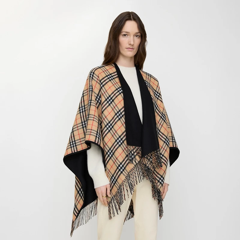 Reversible Check Wool Cape in /sand beige | Burberry® Official