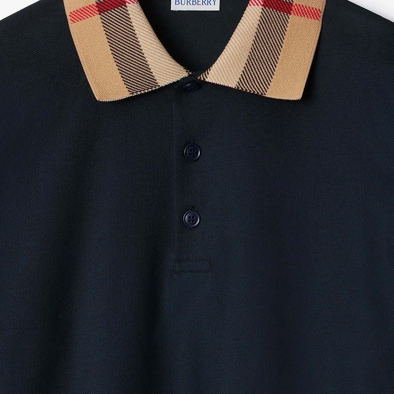 Long-sleeve Check Collar Cotton Polo Shirt in Smoked navy - Men | Burberry® Official
