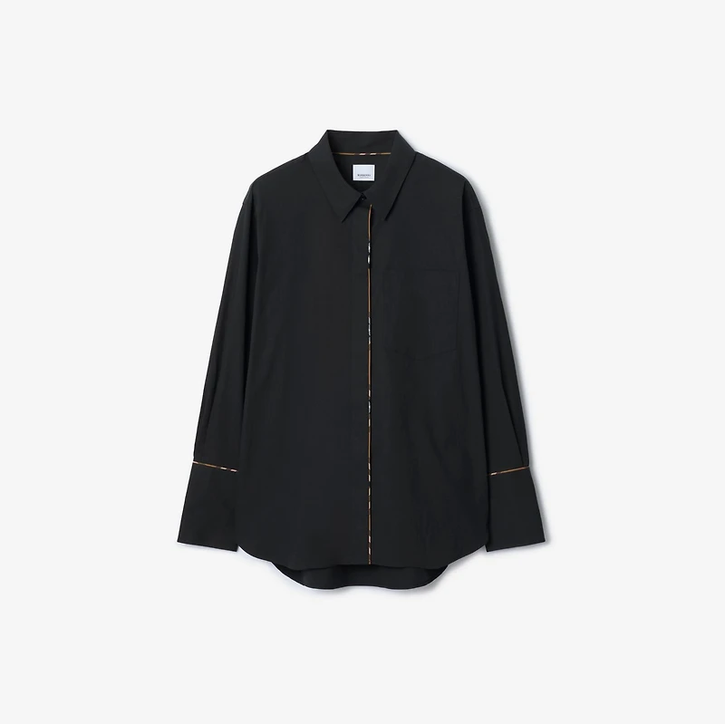 Check Trim Stretch Cotton Shirt in Black - Women | Burberry® Official