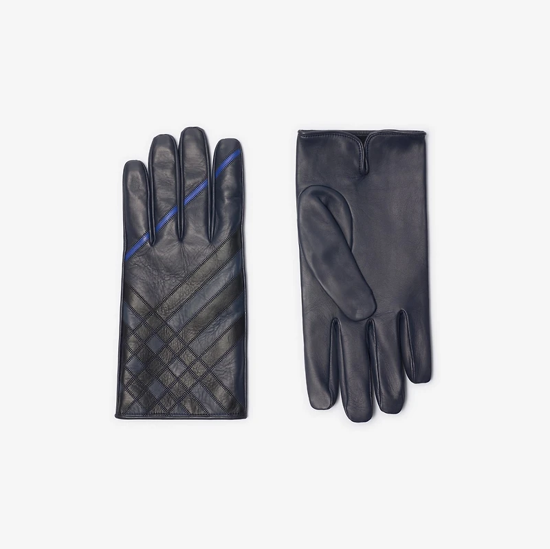 Check Intarsia Leather Gloves in Storm blue - Men | Burberry® Official