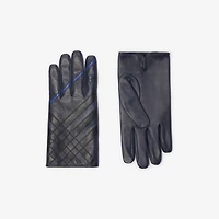 Check Intarsia Leather Gloves in Storm blue - Men | Burberry® Official