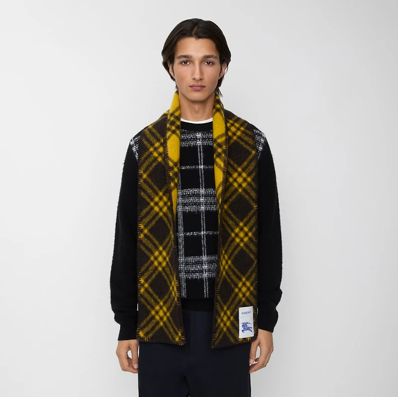 Narrow Check Wool Scarf in Chocolate brown/crown yellow | Burberry® Official