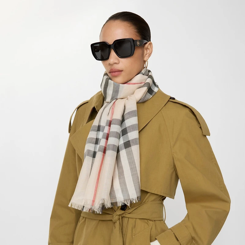 Wide Check Wool Silk Scarf in Stone | Burberry® Official
